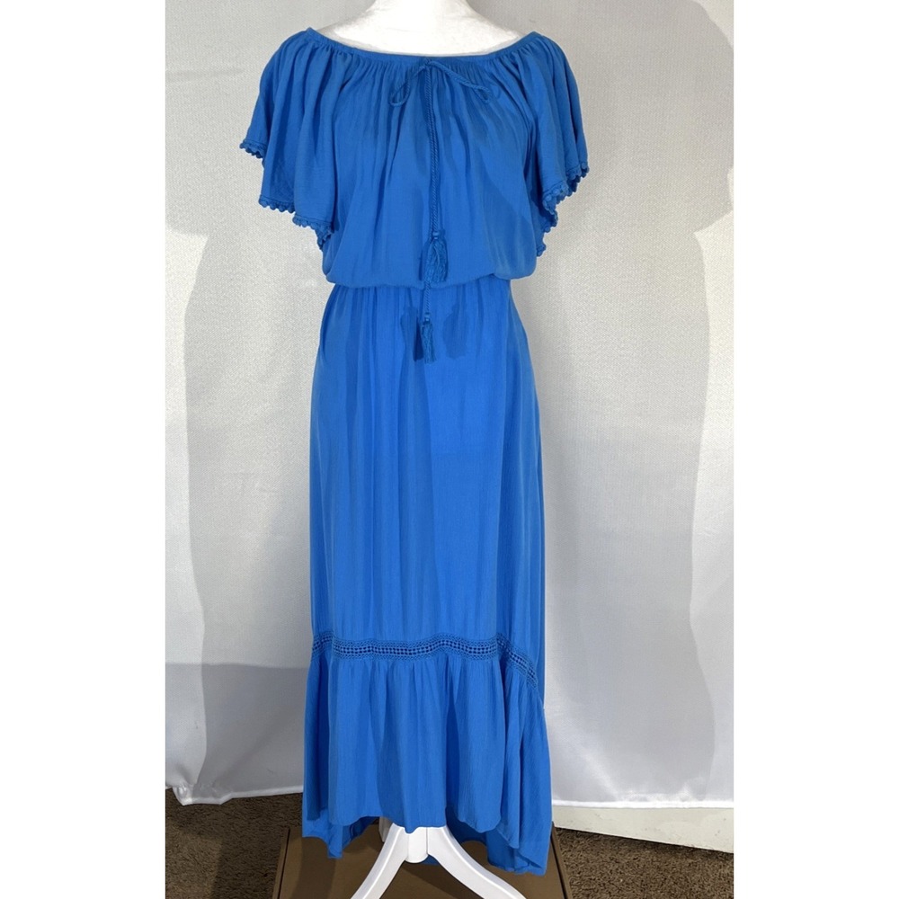 Time‎ & Tru Blue Off Shoulder Ruffle Gauzy Women's High/Low Midi Dress L 12-14